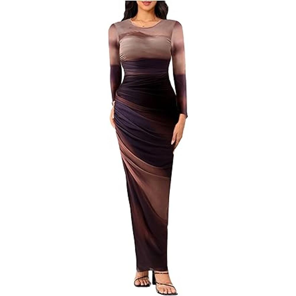 Women's Tie Dye Ruched Long Sleeve Dress Mesh Slim Fit